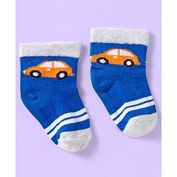 Cute Walk by Babyhug Knit Ankle Length Anti Bacterial Socks with Vehicle & Stripes Pack of 3 - White & Blue