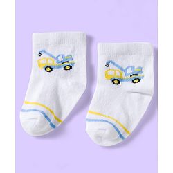 Cute Walk by Babyhug Knit Ankle Length Anti Bacterial Socks with Vehicle & Stripes Pack of 3 - White & Blue