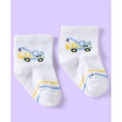 Cute Walk by Babyhug Knit Ankle Length Anti Bacterial Socks with Vehicle & Stripes Pack of 3 - White & Blue