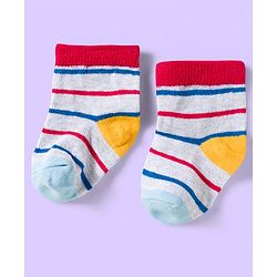 Cute Walk by Babyhug Knit Ankle Length Anti Bacterial Socks with Vehicle & Stripes Pack of 3 - White & Blue