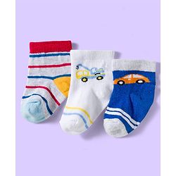 Cute Walk by Babyhug Knit Ankle Length Anti Bacterial Socks with Vehicle & Stripes Pack of 3 - White & Blue