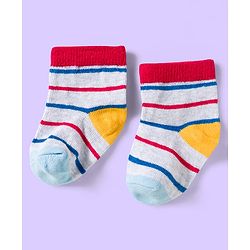 Cute Walk by Babyhug Knit Ankle Length Anti Bacterial Socks with Vehicle & Stripes Pack of 3 - White & Blue