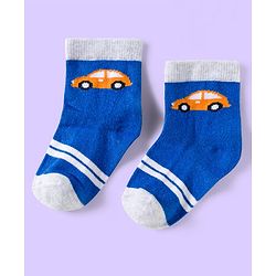 Cute Walk by Babyhug Knit Ankle Length Anti Bacterial Socks with Vehicle & Stripes Pack of 3 - White & Blue
