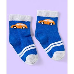 Cute Walk by Babyhug Knit Ankle Length Anti Bacterial Socks with Vehicle & Stripes Pack of 3 - White & Blue