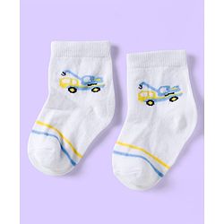 Cute Walk by Babyhug Knit Ankle Length Anti Bacterial Socks with Vehicle & Stripes Pack of 3 - White & Blue