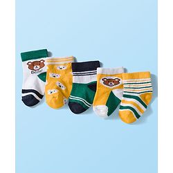 Cute Walk by Babyhug Knit Ankle Length Anti Bacterial Socks with Stripes & Bear Design Pack of 5 - Yellow & Green