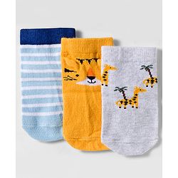 Cute Walk by Babyhug Knit Anti Bacterial Ankle Length Socks With Animal Design Pack of 3 - Multicolor