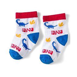 Cute Walk by Babyhug Knit Ankle Length Anti Bacterial Socks with Dino & Stripes Design Pack of 3 - White & Blue