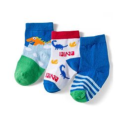 Cute Walk by Babyhug Knit Ankle Length Anti Bacterial Socks with Dino & Stripes Design Pack of 3 - White & Blue
