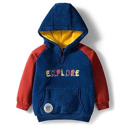 Babyhug Cotton Knit Full Raglan Sleeves Hooded Sweatshirt With Explore Embroidery & Kangaroo Pockets - Navy Blue