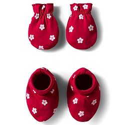 Babyhug 100% Cotton Interlock Knit Mittens & Booties Set with Floral Print - Red