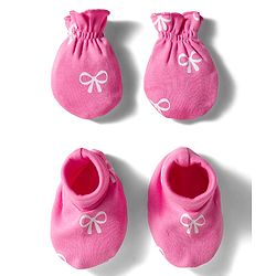 Babyhug 100% Cotton Interlock Knit Mittens & Booties Set with Bow Print - Dark Pink