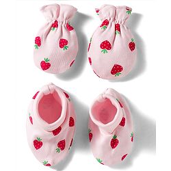 Babyhug 100% Cotton Knit Mittens & Booties Set with Strawberry Print - Pink
