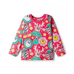 Babyhug Cotton Knit Full Sleeves Co-ords Night Suit with Christmas Print - Red