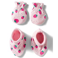 Babyhug 100% Cotton Knit Mittens & Booties Set with Strawberry Print - Pink