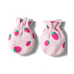 Babyhug 100% Cotton Knit Mittens & Booties Set with Strawberry Print - Pink