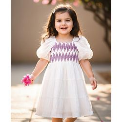 Babyhug Cotton Woven Half Puffed Sleeves Tiered Dress With Smock Detailing - White