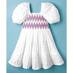 Babyhug Cotton Woven Half Puffed Sleeves Tiered Dress With Smock Detailing - White