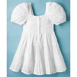 Babyhug Cotton Woven Half Puffed Sleeves Tiered Dress With Smock Detailing - White