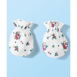Babyhug 100% Cotton Knit Mittens & Booties Set with Floral Print - White