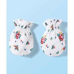 Babyhug 100% Cotton Knit Mittens & Booties Set with Floral Print - White