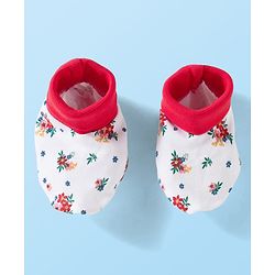 Babyhug 100% Cotton Knit Mittens & Booties Set with Floral Print - White