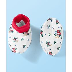 Babyhug 100% Cotton Knit Mittens & Booties Set with Floral Print - White