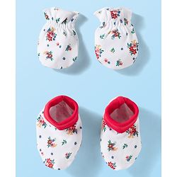 Babyhug 100% Cotton Knit Mittens & Booties Set with Floral Print - White