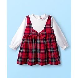 Babyhug Cotton Woven Full Sleeves Frock with Checks and Bow Applique - Red & White