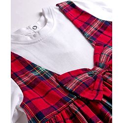 Babyhug Cotton Woven Full Sleeves Frock with Checks and Bow Applique - Red & White