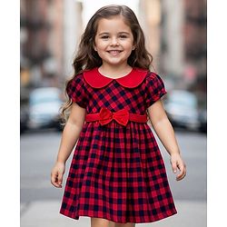 Babyhug Cotton Woven Half Sleeves Peter Pan Collar With Checks & Bow Applique - Red & Navy Blue