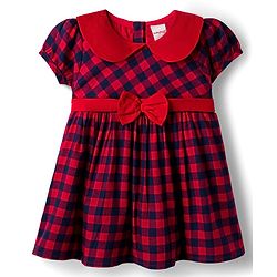 Babyhug Cotton Woven Half Sleeves Peter Pan Collar With Checks & Bow Applique - Red & Navy Blue
