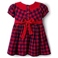 Babyhug Cotton Woven Half Sleeves Peter Pan Collar With Checks & Bow Applique - Red & Navy Blue