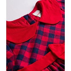 Babyhug Cotton Woven Half Sleeves Peter Pan Collar With Checks & Bow Applique - Red & Navy Blue