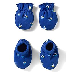 Babyhug 100% Cotton Knit Mittens & Booties Set with Ship Print - Navy Blue