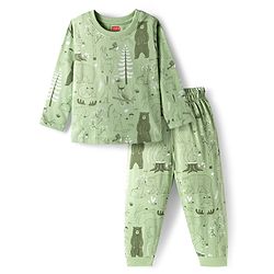 Babyhug Cotton Knit Full Sleeves Co-ords Night Suit with Jungle Theme Print - Light Green