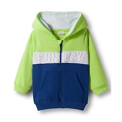 Babyhug Knit Premium Light Gauge Terry Full Sleeves Hooded Cut & Sew T-Shirt & Lounge Pant Set with Kangaroo Pocket & Text Graphic - Blue & Neon Green