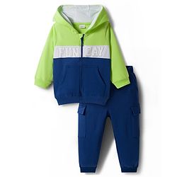 Babyhug Knit Premium Light Gauge Terry Full Sleeves Hooded Cut & Sew T-Shirt & Lounge Pant Set with Kangaroo Pocket & Text Graphic - Blue & Neon Green