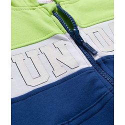 Babyhug Knit Premium Light Gauge Terry Full Sleeves Hooded Cut & Sew T-Shirt & Lounge Pant Set with Kangaroo Pocket & Text Graphic - Blue & Neon Green