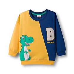 Babyhug Terry Knit Premium Light Gauge Terry Full Sleeves Cut & Sew T-Shirt & Lounge Pant Set with Dino Graphic - Yellow & Navy Blue