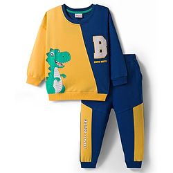 Babyhug Terry Knit Premium Light Gauge Terry Full Sleeves Cut & Sew T-Shirt & Lounge Pant Set with Dino Graphic - Yellow & Navy Blue