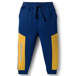 Babyhug Terry Knit Premium Light Gauge Terry Full Sleeves Cut & Sew T-Shirt & Lounge Pant Set with Dino Graphic - Yellow & Navy Blue