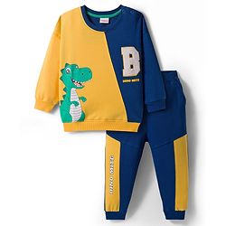 Babyhug Terry Knit Premium Light Gauge Terry Full Sleeves Cut & Sew T-Shirt & Lounge Pant Set with Dino Graphic - Yellow & Navy Blue
