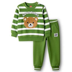 Babyhug Terry Knit Premium Light Gauge Terry Full Sleeves Striped Sweatshirt & Lounge Pant Set With Teddy Bear Patch - Green