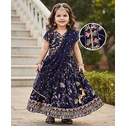 Babyhug Georgette Woven Half Sleeves Choli Lehenga & Dupatta Set with Floral Embroidery - Navy Blue