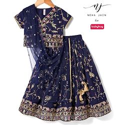Babyhug Georgette Woven Half Sleeves Choli Lehenga & Dupatta Set with Floral Embroidery - Navy Blue