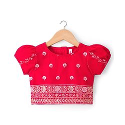 Babyhug Brocade Woven Half Puffed Sleeves Choli Lehenga Set with Dupatta Set & Floral Embroidery - Red