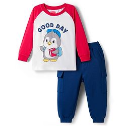 Babyhug Single Jersey Full Raglan Sleeves Sweatshirt and Lounge Pant Set with Penguin & Good Day Text Print - Red & Navy Blue