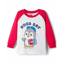 Babyhug Single Jersey Full Raglan Sleeves Sweatshirt and Lounge Pant Set with Penguin & Good Day Text Print - Red & Navy Blue