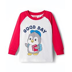 Babyhug Single Jersey Full Raglan Sleeves Sweatshirt and Lounge Pant Set with Penguin & Good Day Text Print - Red & Navy Blue